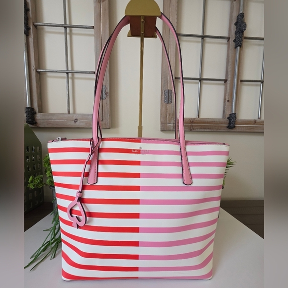 kate spade Handbags - Kate Spade New York Zina Large Tote Pink - Red Stripe Spade Charm